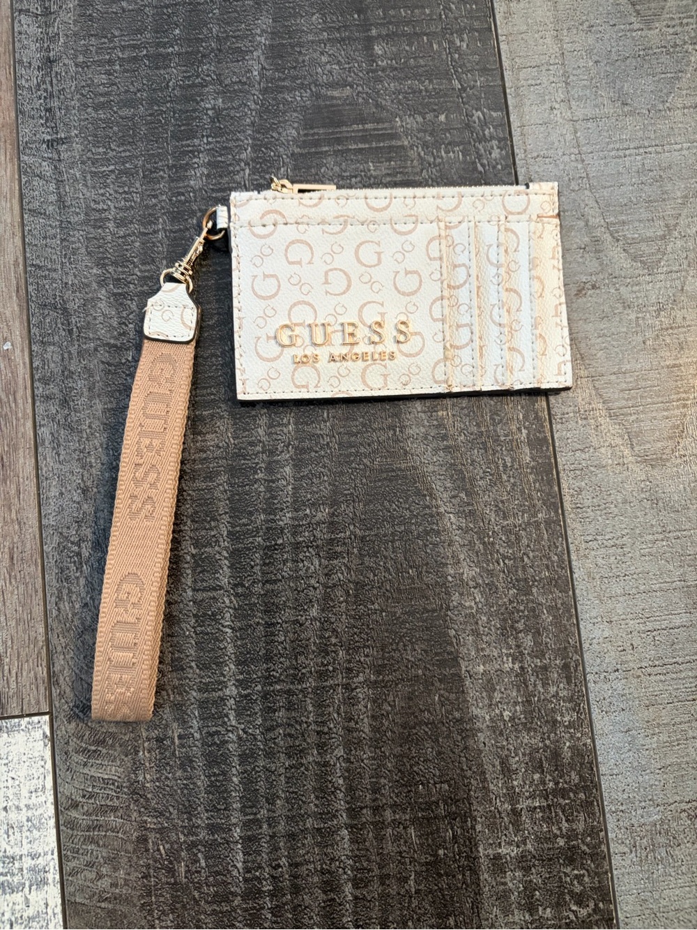 GUESS Logo Card Holder Zip Card Case Wristlet Beige Cream Monogram